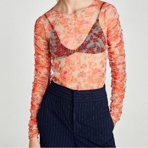 NWOT Zara Orange/Pink Floral Mesh Tulle Top